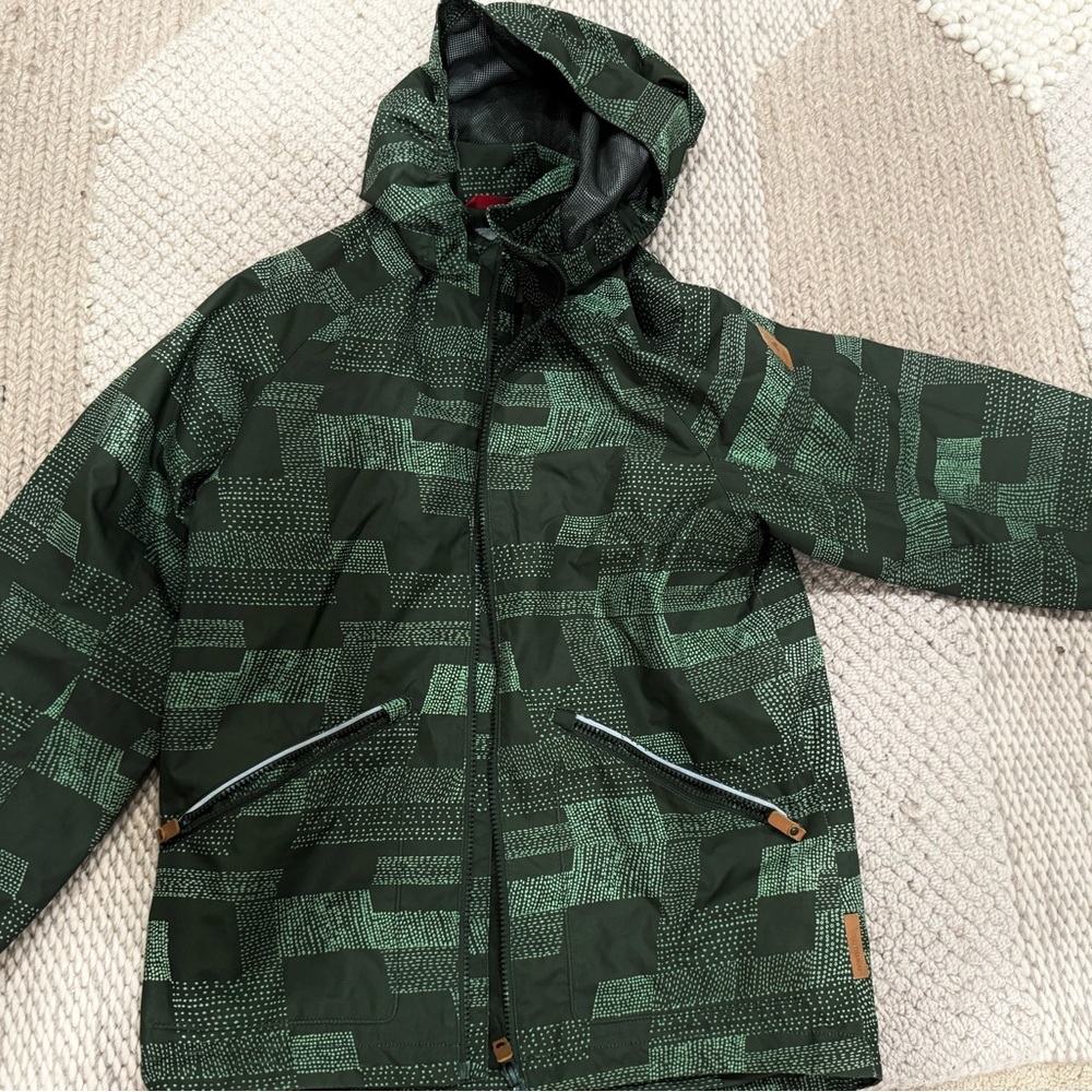 Children's Green Geo-Print Hooded Rain Jacket